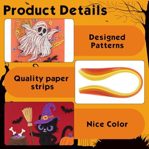 WEBEEDY 20 Sets Halloween Paper Quilling Kit for Adult Beginner 5 Styles Witches Pumpkins Ghosts Bats Black Cats Greeting Card Making Kit with Instruction Handmade Quilling Card for Halloween Decor - Image 3