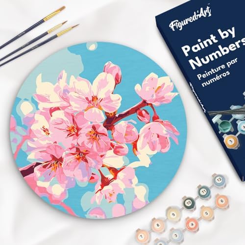Figured'Art Paint by Numbers Kit for Adults on Wood Slice, 11.8in Diameter - Cherry Blossom - Craft Art Painting DIY Canvas by FiguredArt
