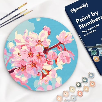 Figured'Art Paint by Numbers Kit for Adults on Wood Slice, 11.8in Diameter - Cherry Blossom - Craft Art Painting DIY Canvas by FiguredArt