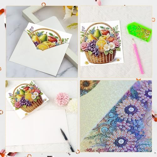 Tontut 6pcs 5D Diamond Art Painting Greeting Card kit, Fruit Blue Adult DIY with Envelope, Special Shape Diamond Design Greeting Card Creative Gift - Image 4