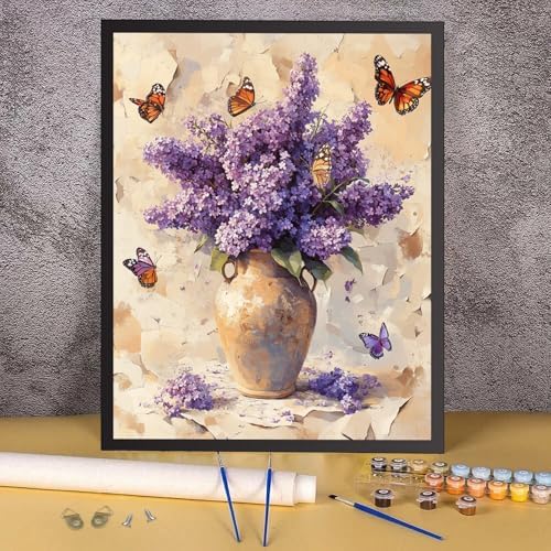 RICUVED Flowers Paint by Numbers for Adults, Vase Paint by Numbers Kit for Adults Beginners, Butterfly DIY Acrylic Oil Painting on Canvas Easy for Gift Home Wall Decor 16x20 Inch - Image 2