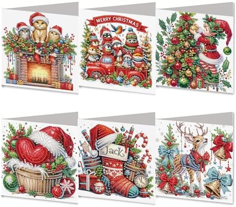 DIZAKIM 6 Pieces Christmas Theme Design Diamond Painting Greeting Card Set, DIY 5D Unique Rhinestone Art Embellishment Mosaic Christmas Greeting Card Crafts, Mosaic Handmade Creative Postcards (#7) by DIZAKIM