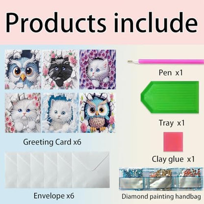 jinglinhh 6pcs Owls Flower Cats Diamond Art Painting Greeting Cards with Envelopes, DIY Card Making Kits for Adults, Diamond Art Postcards Holiday Cards Craft Gifts - Image 3