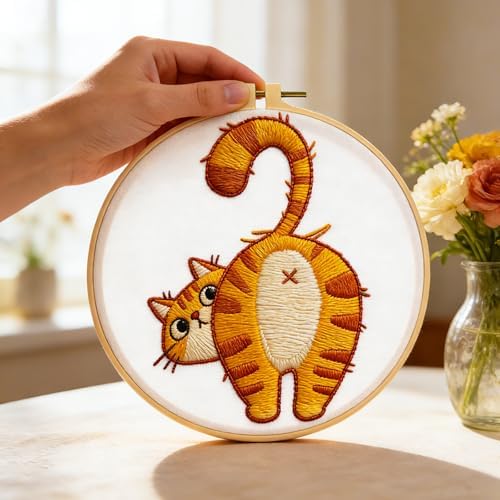 BEUNITONE 4PCS Fun and Funny Cat Embroidery Kit for Beginners, Cute Pre-Print Cat Pattern Hand Embroidery Kits with Hoop and Instruction, DIY Needlepoint Craft Kit for Gifts and Home Decor - Image 5