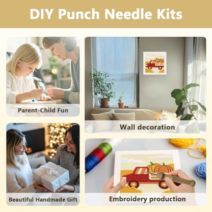 Doodlream Pumpkin Truck Needle Kit for Beginner, 9.4"x 9.4" Fall Harvest Punch Stitching Craft Set, DIY Embroidery Starter with Printed Frame, Instruction, Threader, Yarn, Pinch Needle - Image 4