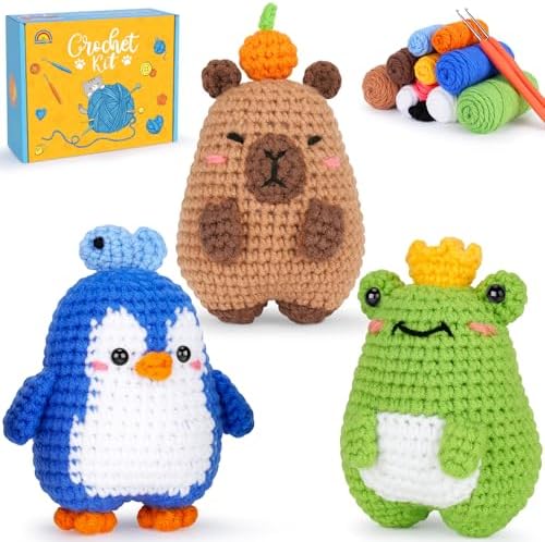 Fortuning's JDS Crochet Kit for Beginners, Crochet Animal Kit Includes Penguin, Capybara & Frog, Complete Starter Kit for Adult, DIY Craft Crochet Kits, Easy Knitting Kit Christmas Gifts by FortuningsJDS