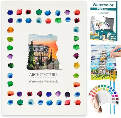 Watercolor Workbook, Water Coloring Book with 13 Pages 300GSM Paper, 26 Colors Watercolor Paint Set with Brush & Storage Bag, Beginner-Friendly Coloring Book for Adults，Architecture Theme by Unknown