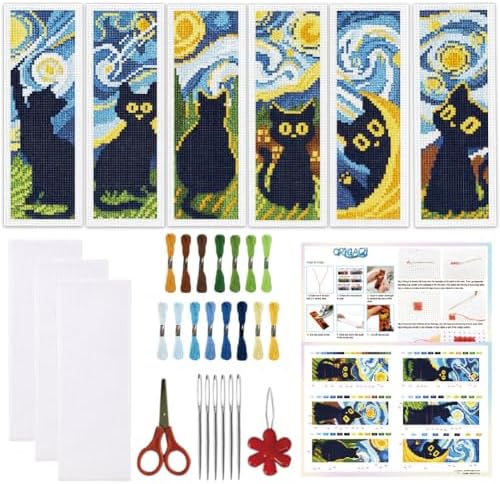 ORIGACH 6 Set Black Cat & Starry Night Cross Stitch Bookmark Kit by ORIGACH
