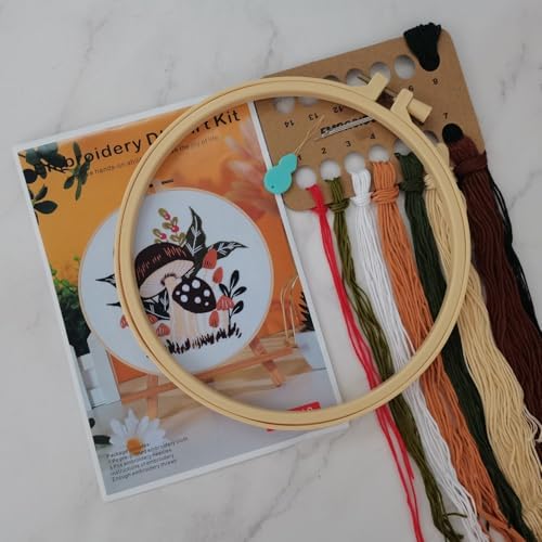 Esffaci Embroidery Starter Kit for Adult Beginner with Mushroom Plant Flower Pattern Hand Embroidery Set with Cloth Hoop Needle Threader Floss and Instruction - Image 2