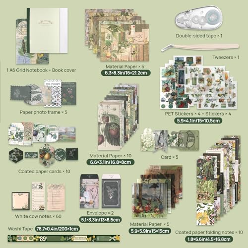 Scrapbook Photo Album Supplies Kit with Tweezers and Glue Tape, Green Aesthetic Vintage Junk Journal Scrapbooking Paper, Sticker Pack, Notebook Craft Supplies, DIY Gift for Adult Men Women (Wild Dome) - Image 4