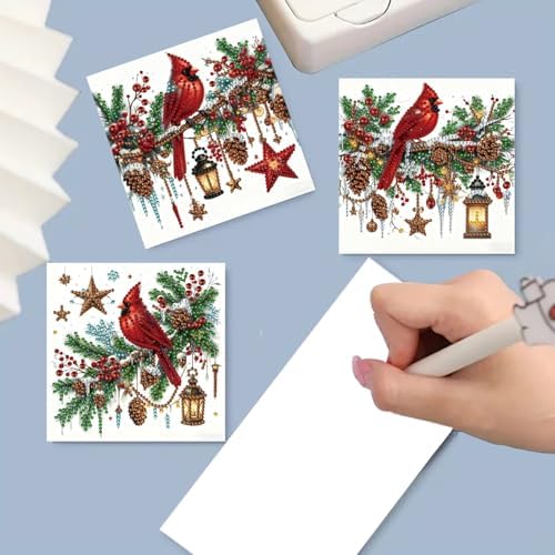 6Pcs Christmas Greeting Card DIY Diamond Art Painting Greeting Cards Blessing Folding Card Kit with White Envelopes Diamond Arts Crafts for Birthday Festival Gift-Cardinal - Image 4