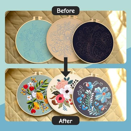 Colorful Flowers Embroidery Kit for Beginners – DIY Hand Embroidery Set with 3 Hoops, Stamped Patterns, Needles, Thread, Scissors – Floral Embroidery Kit for Adults, Teens, Women, Craft Lovers - Image 4