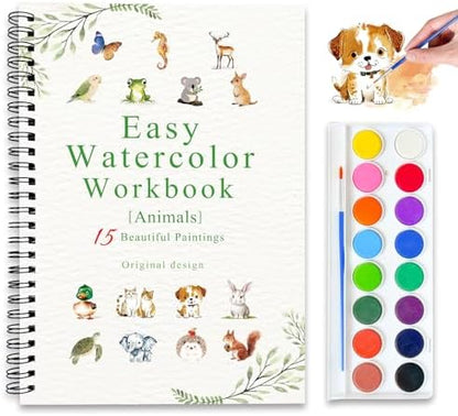 Watercolor Workbooks, 16 Colors Water Color Books Paint Set for Adults, Watercolor Coloring Book for Beginners, Water Color Workbook, 15 Beautiful Paintings for Beginners (Animals) by Terself