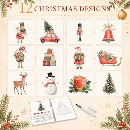 Christmas Watercolor Workbook, Holiday Painting Book with 12 Xmas Designs - Image 4