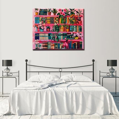 Bookshelf Book Theme Paint by Numbers Kits for Adult Beginners Pink Boho Paint by Numbers Kits Painting Kits on Canvas Pigment for Home Wall Decor Without Framed 16''W x 20''H - Image 3