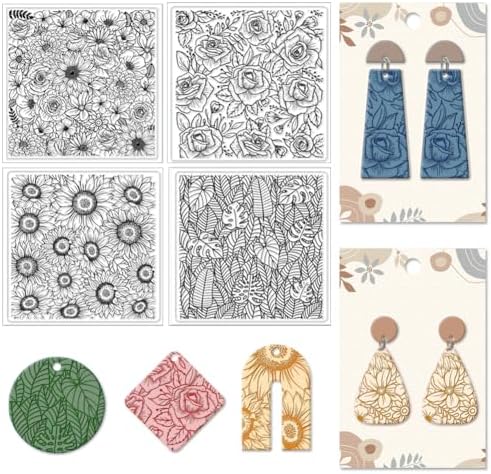 CHGCRAFT 4Pcs 4 Styles Plants Flowers Polymer Clay Texture Sheets, 5.5x5.5Inch by chgcraft