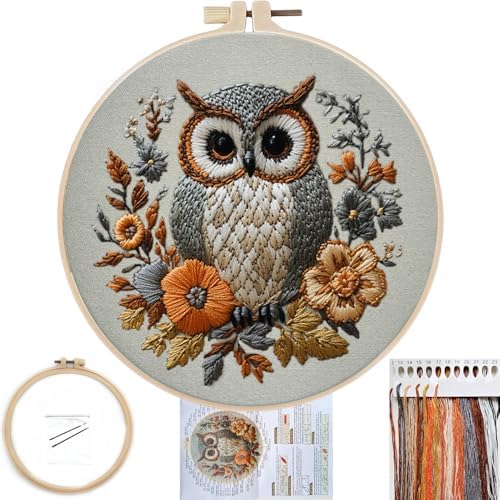 FONNUY Embroidery Kit for Beginners, Owl Flowers Pre-Stamped Pattern Kits for Adults with Hoop, Easy to Follow Color Thread Needlework, 8'' Hoop (Blue) by FONNUY