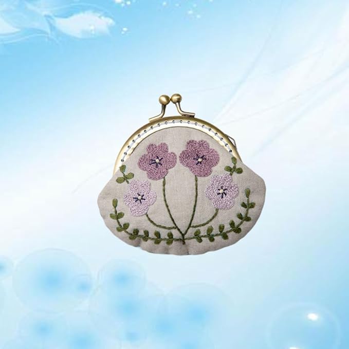 HEALLILY Embroidery Starter Kit with Round Kiss Lock Coin Purse DIY Embroidery Tools with Wool Needle and Washable Pattern for Women Girls Craft