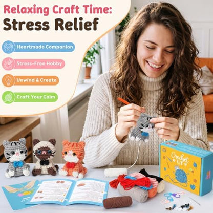 Fortuning's JDS Crochet Kit for Beginners, 3 Cat Crochet Animal Kit Starter - Image 5