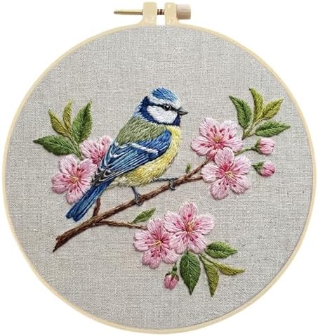 FRANDEK DIY Peach Blossom Bird Stamped Embroidery Kit with Hoop for Adults by FRANDEK
