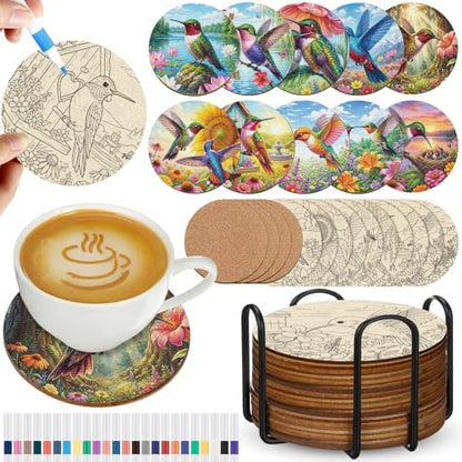 Reallnaive 45 Pcs Wooden Coasters Painting Set with Markers 4 Inch Boho Drink Coaster Gift Arts and Crafts DIY Kit for Adults, Women, Hobby, Ornament Home Apartment Decoration (Hummingbird) by Reallnaive