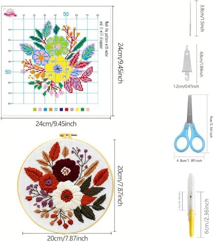 Zhenqing 4 Pack Nature Stamped Cross Stitch Kit for Adults and Beginners, 11CT Printed Fabric Deer Tree Fish Flower Patterns with Hoop, Threads, Needles, Scissors, Threader, Guide - Image 4