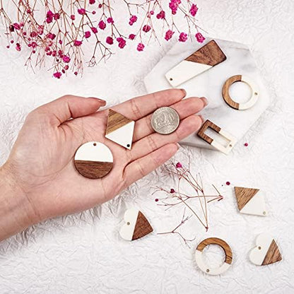 FASHEWELRY 12Pcs Resin Wooden Pendants 6 Styles Rectangle Rhombus Flat Round Geometry Vintage Resin Wood Statement for Jewelry Making (White) - Image 2