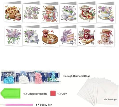 jinglinhh 12pcs Valentine's Day Diamond Art Painting Love Heart Cookies Cakes Afternoon Tea Flowers Greeting Cards with Envelopes, DIY Card Making Kits for Adults, Diamond Art Birthday Holiday Cards Craft Gifts - Image 3
