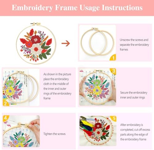 Zhenqing 4 Pack Nature Stamped Cross Stitch Kit for Adults and Beginners, 11CT Printed Fabric Deer Tree Fish Flower Patterns with Hoop, Threads, Needles, Scissors, Threader, Guide - Image 6
