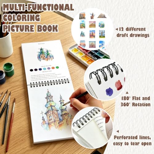 Watercolor Workbook, Water Coloring Book with 13 Pages, Architecture Theme Painting Practice Book with Pre-Drawn Outline Pages, Building Art Coloring Book for Adults, Beginners & Art Lovers - Image 4