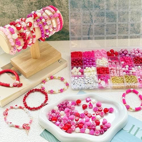 1800PCS+ Valentine’s Day Beads for Bracelets Jewelry Making Set, Pink Red Polymer Clay Beads Assorted Pearl Acrylic Heart Bead Letter Spacer Flower Bead and Heart Charms for Necklace Bracelets Making - Image 4