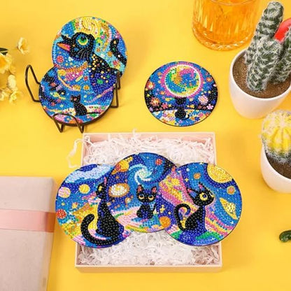 10 PCS Black Cat Diamond Art Coasters Kit with Holder for Adults - Image 3