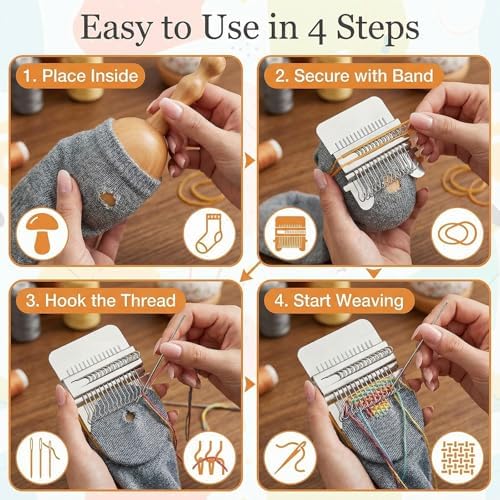Mini Darning Loom Machine with Wood Darning Egg - 14 Hooks Speedweve Style Weaving Kit, 50 Colors Thread & 9 Large Eye Needles - Complete Sock Mending Kit for DIY Craft, Repairing Holes & Jeans - Image 4