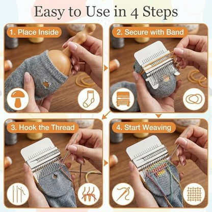 Mini Darning Loom Machine with Wood Darning Egg - 14 Hooks Speedweve Style Weaving Kit, 50 Colors Thread & 9 Large Eye Needles - Complete Sock Mending Kit for DIY Craft, Repairing Holes & Jeans - Image 4