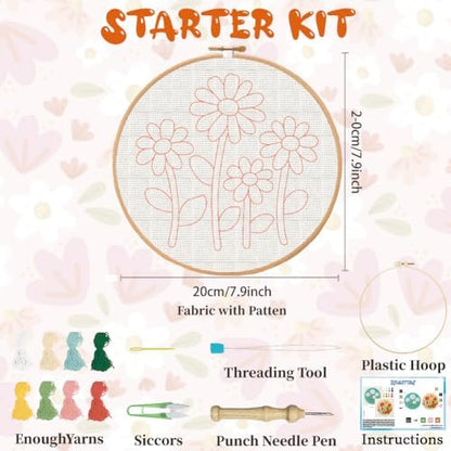 BEUNITONE 2PCS Flower Punch Needle Kit for Adults Beginners, Complete DIY Craft Needlepoint Kits with Hoop, Punch Needle Starter Craft Embroidery Set for Handmade Decor & Floral Stitching Projects - Image 2