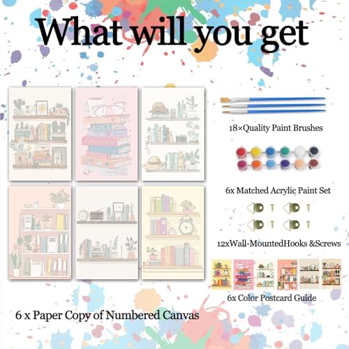 Aihonmin Bookshelf 6 Pack Paint by Numbers for Adults Books DIY Painting on Canvas with Brushes Pigment Crafts DIY Acrylic Paintwork Home Decoration Gift for Book Lovers 8x11.8 Inch (Frameless) - Image 2