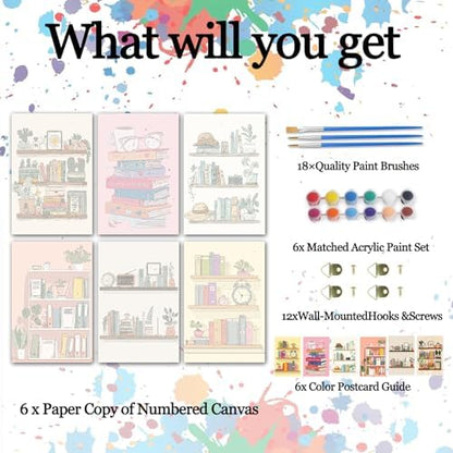 Aihonmin Bookshelf 6 Pack Paint by Numbers for Adults Books DIY Painting on Canvas with Brushes Pigment Crafts DIY Acrylic Paintwork Home Decoration Gift for Book Lovers 8x11.8 Inch (Frameless) - Image 2