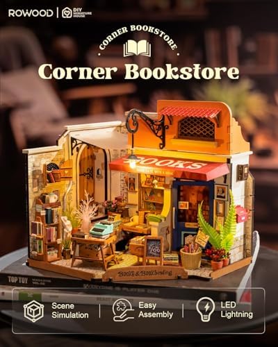 Rowood Miniature House Kit,Mother's Day Mini House Building Kit with LED,DIY Dollhouse Craft Kits for Adults,Birthday for Women Ages 14+(Corner Bookstore) - Image 2