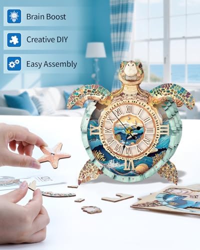 3D Puzzles for Adults, 3D Puzzle Sea Turtle Clock Kit (with Pendulum), Wooden Puzzle for Adults Home Wall Decor Clock Christmas Day Puzzle Gifts for Women Men - Image 4