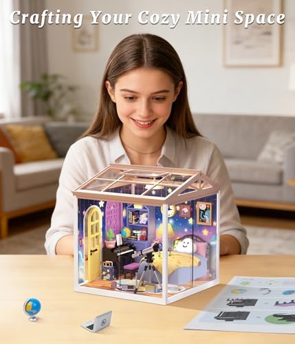 Starry Night Bedroom Miniature House Kit, DIY Space-Themed Dollhouse with Dustproof Sliding Doors & Roof, Tiny Room Building Model Kit for Adults & Teens, Creative Craft Gift for Space Lovers - Image 6