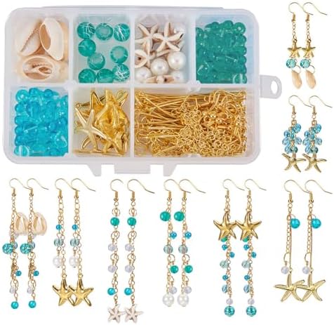 SUNNYCLUE 1 Box 8 Pair Starfish Cowrie Shell Dangle Earring Making Kit Jewelry Making Supplies Beading Starter Kits for Beginner Adults, Fish Hook, Ocean Beach Theme, Instruction by SUNNYCLUE