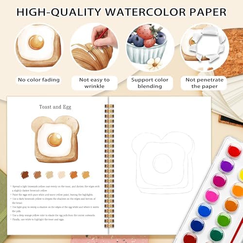 Breakfast Watercolor Workbook, Water Coloring Book, 12 Patterns, 18 Colors Watercolor Paint Set, Breakfast Buddies Watercolor Kit for Beginners, Fun Family Art Activity and Gift - Image 3