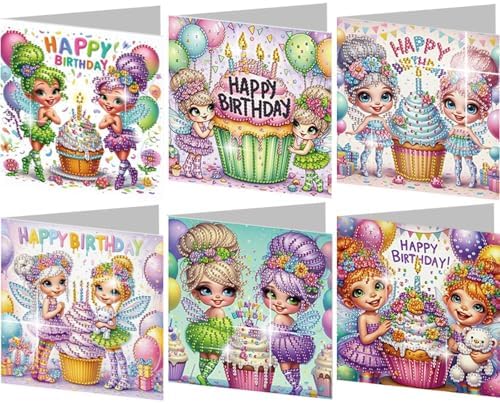 jinglinhh 6pcs Diamond Art Painting Happy Birthday Cupcake Fairy Greeting Cards with Envelopes, DIY Card Making Kits for Adults, Diamond Art Postcards Christmas Cards Craft Gifts by Unknown