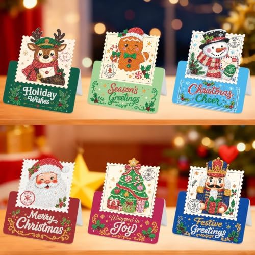6Pcs DIY Foldable Diamond Art Painting Greeting Cards Creative Birthday Festivals Handmade Thank You Card Set Blessing Greeting Card Craft Gift Idea (Christmas04) - Image 6