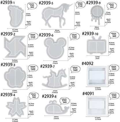 Epoxy Resin Shaker Silicone Molds Set Mouse Head, Flower, Footprint, Dolphin, Windmill, Unicorn, Bear's Paw, TV, Rocking Horse, Drippy Circle, Media Players 12-Count - Image 2