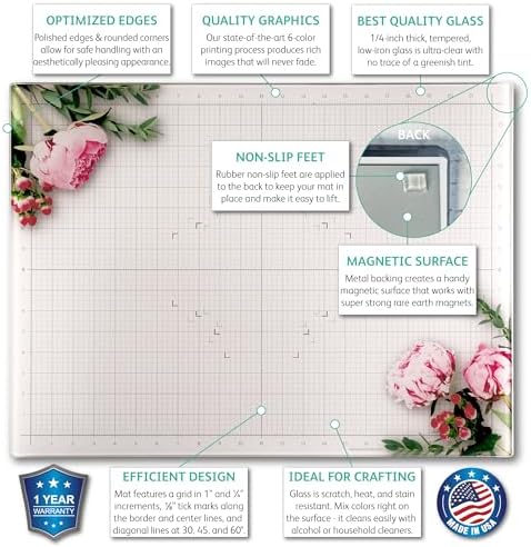 GLASSBOARD STUDIO Floral Glass Craft Mat (18x24in) - Magnetic, Heat & Scratch Resistant, Stain-Proof for Crafting, Cutting, Painting, Mixed Media Artwork - Grid & Angle Lines, Non-Slip Rubber Feet - Image 2