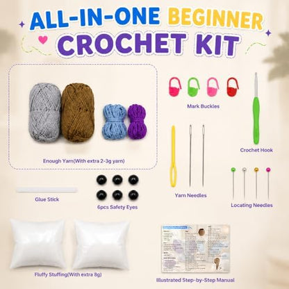 JYZJDKE Crochet Kit for Beginners Adults - DIY Amigurumi Elephant Knitting Starter Kit with Yarn Sets, Crochet Animal Kit Cute Stuffed Animal Craft Birthday Gifts (Grey Purple+Coffee Blue Elephant) - Image 3