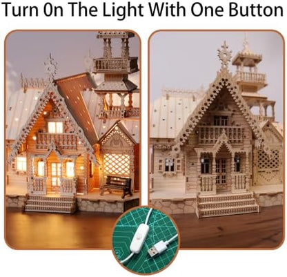 3D Puzzle for Adults, LED Vintage Wooden Villa with USB Lights - Image 5