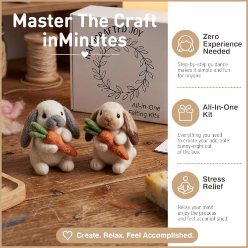 DIY Needle Felting Kit Cute Brown Lop-Eared Bunny Holding Carrot – Needle Felting Starter Kit with Fiber Roving, Needles, Felting Pad & Instructions | Felted Rabbit Kit for Beginners Adults - Image 5