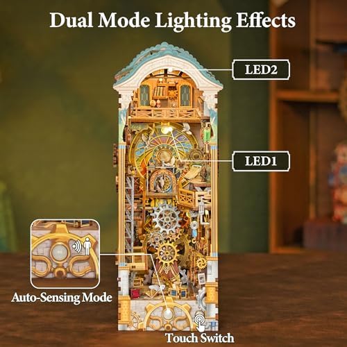 Tonecheer DIY Book Nook Kit for Adults, 3D Wooden Puzzle Bookend Miniature House Kit, Booknook Bookshelf Insert Decor with Dust Cover and LED Lights Gifts (Clock Tower) - Image 2